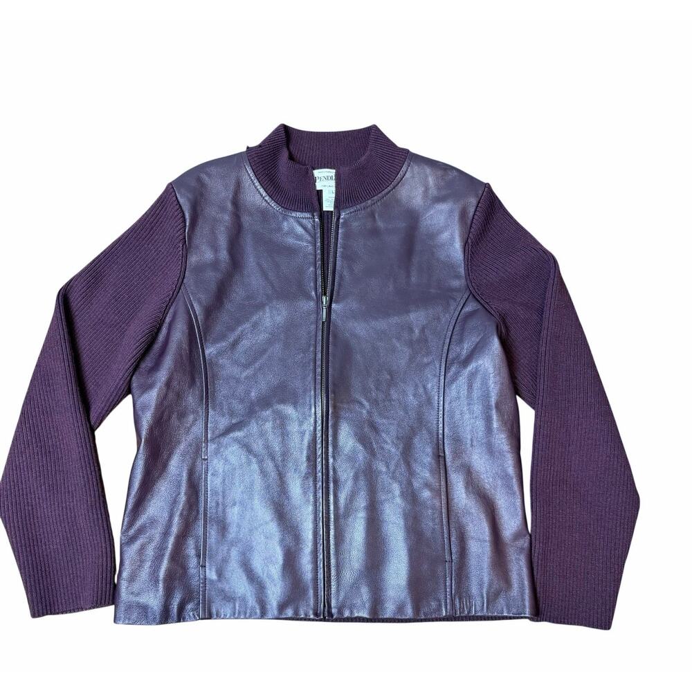 Pendleton Jacket Womens L Burgundy Leather Front Merino Wool Knit Sleeves Back